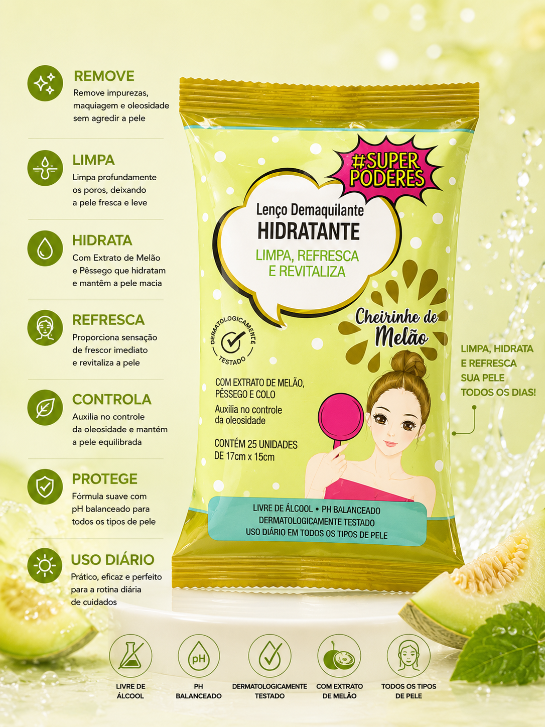 Lenço Demaquilante Hidratante Melão 25 unidades