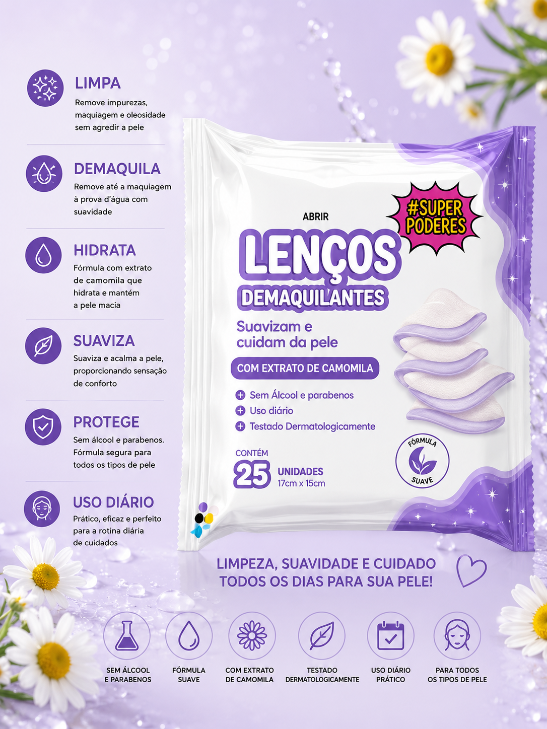 Lenço Demaquilante Extrato de Camomila 25 unidades