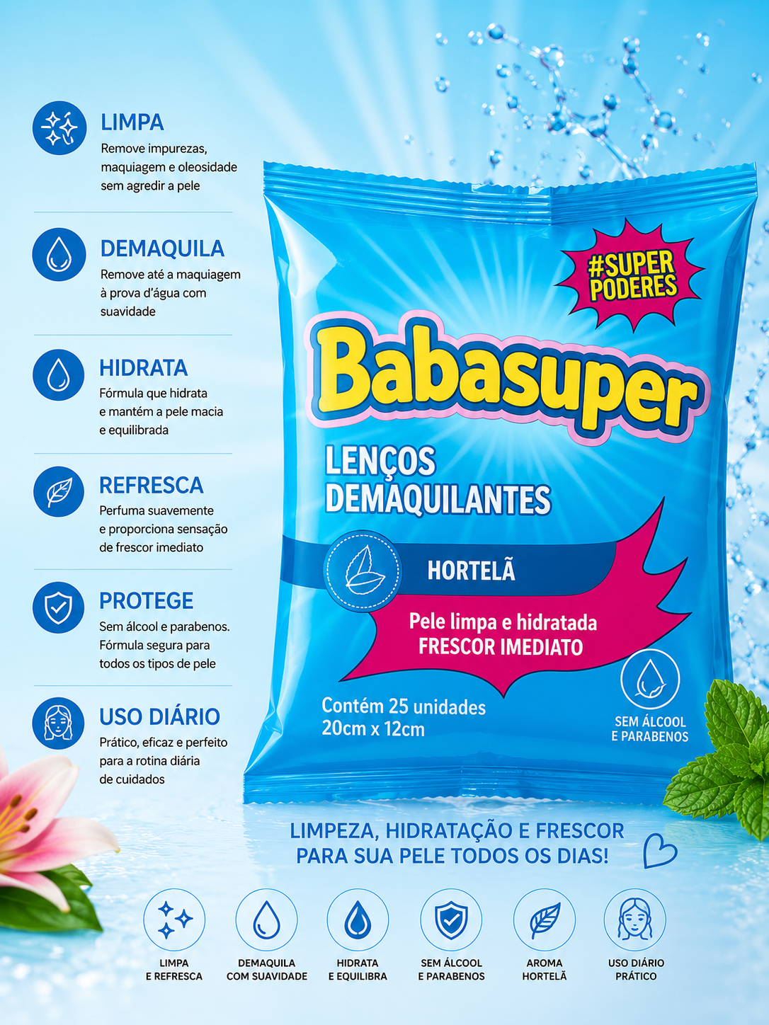 Lenço Demaquilante Hortelã 25 unidades