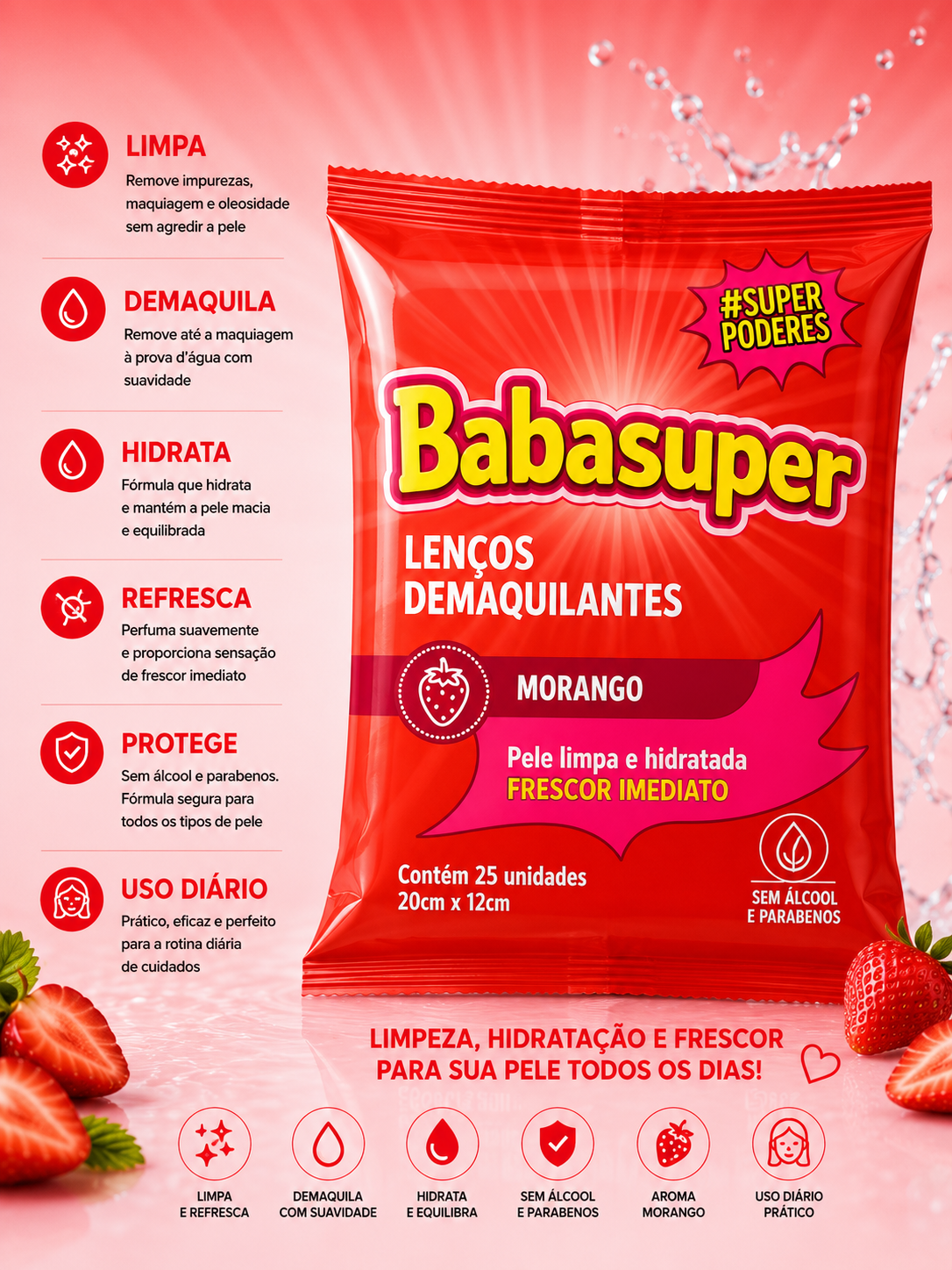 Lenço Demaquilante Morango 25 unidades