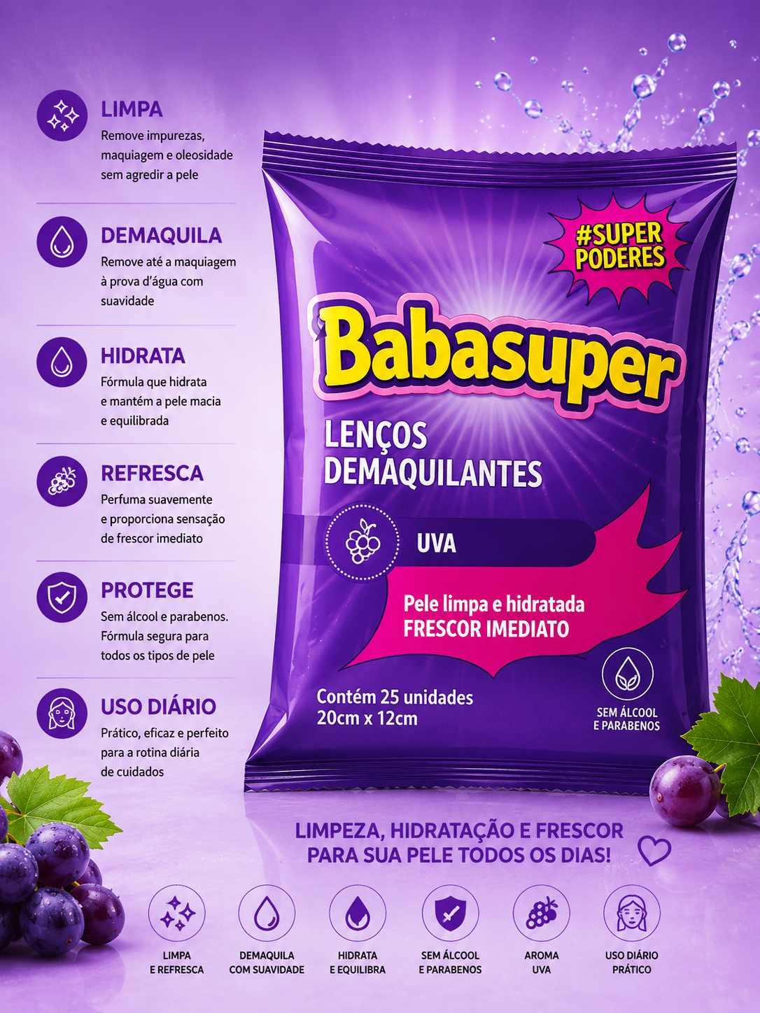 Lenço Demaquilante Uva 25 unidades