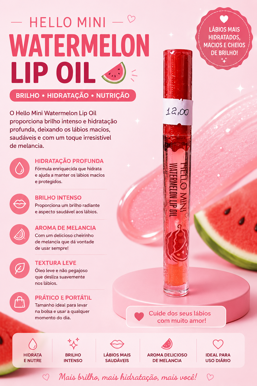 Óleo para Lábios Hello Mini Watermelon Lip Oil