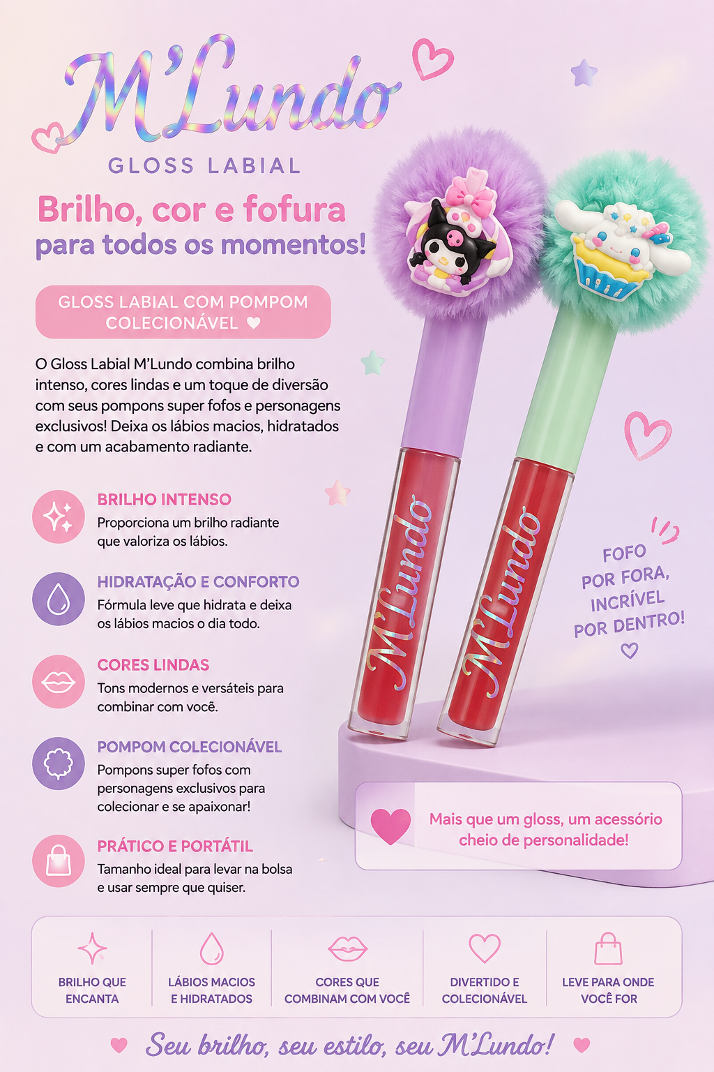 Gloss Labial M'lundo com Pompom