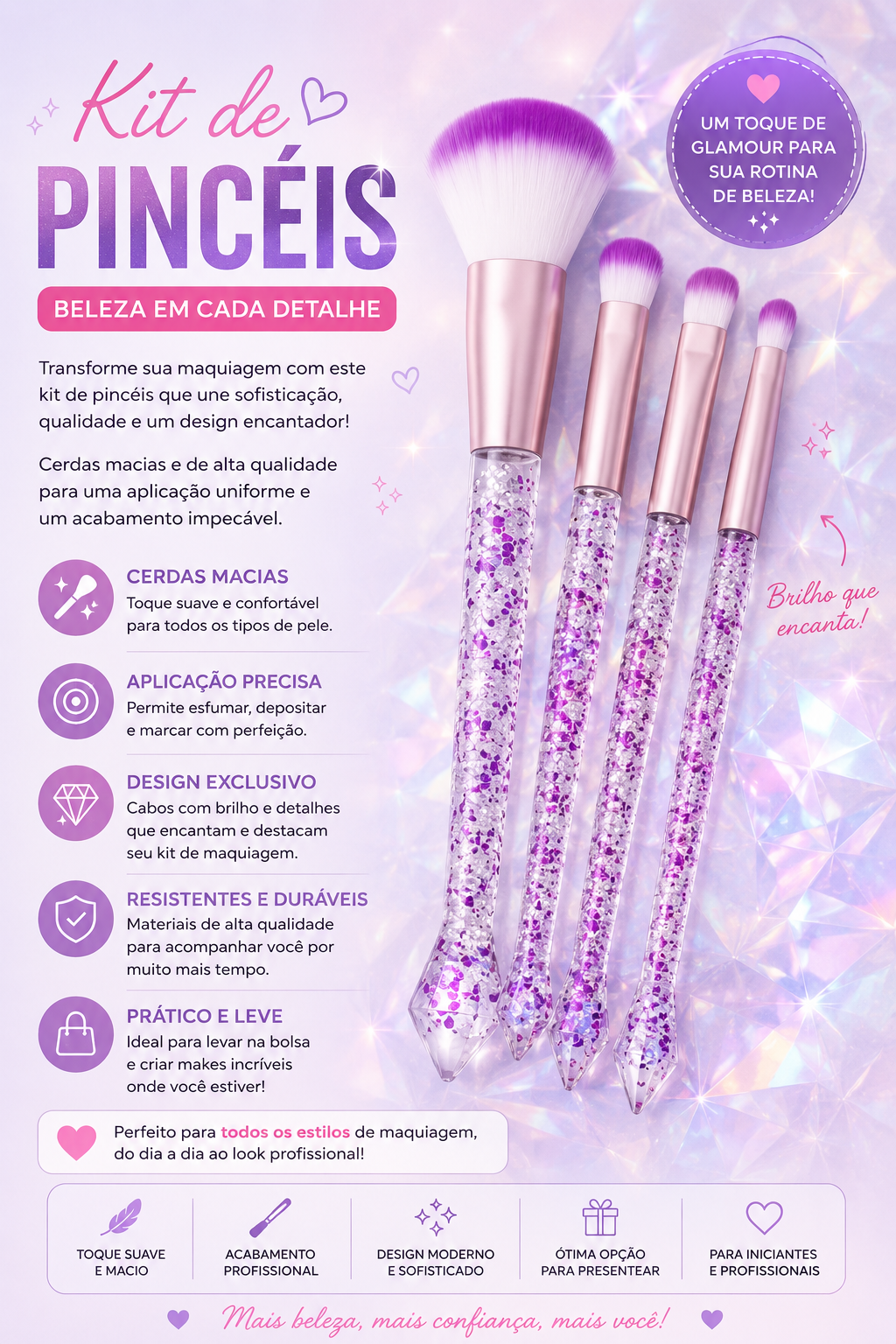 Kit de Pincéis para Maquiagem com Cabo Glitter